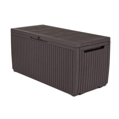 Keter Springwood 80 Gallon Resin Outdoor Storage Box for Patio Furniture Cushions, Pool Toys, and Garden Tools with Handles, Brown