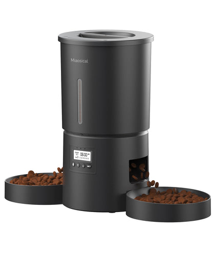 Dual Automatic Cat Feeder 2 Cats,6 Meals/Day,12 Portions/Meal,4.2L Dual Power Double Bowls Feeder,Dry Food Auto Pet Dispenser,10S Voice Record,Flexible Schedule Timer (Black,Basic Dual Bowls)