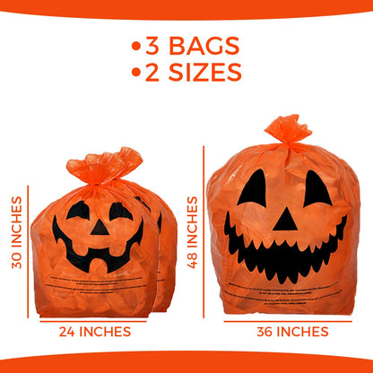 KINREX Halloween Leaf Bags Pumpkin Plastic Lawn and Leaf Bags Decoration - Outdoor Fall Trash Bag Decor - Orange Jack O Lantern - Pack of 3 with Twist Ties