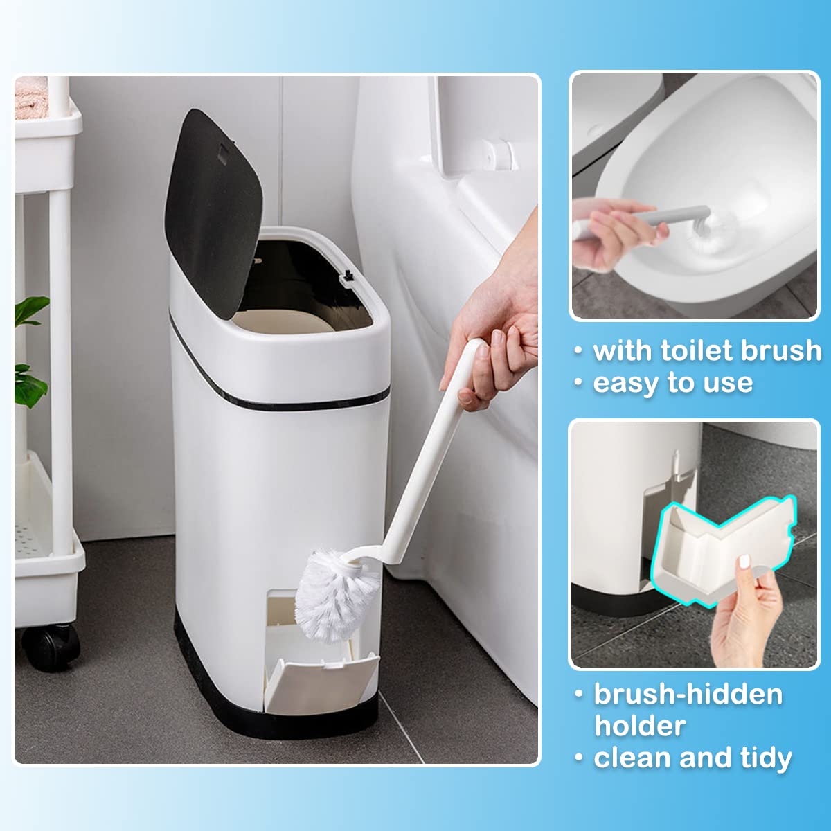 COMODID 3.7 Gallons Bathroom Trash Can and Toilet Brush Set, 14 Liter Slim Trash Can with Toilet Brush Holder Set for RV, Black lid