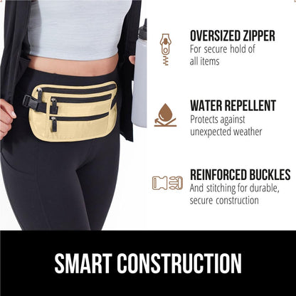GORILLA GRIP 4 Pocket Secure RFID Blocking Money Belt, Anti Theft Hidden Fanny Pack for Passport and Credit Cards, Water Repellent Travel Pouch for Men Women with Adjustable Waist and Zippers, Sand