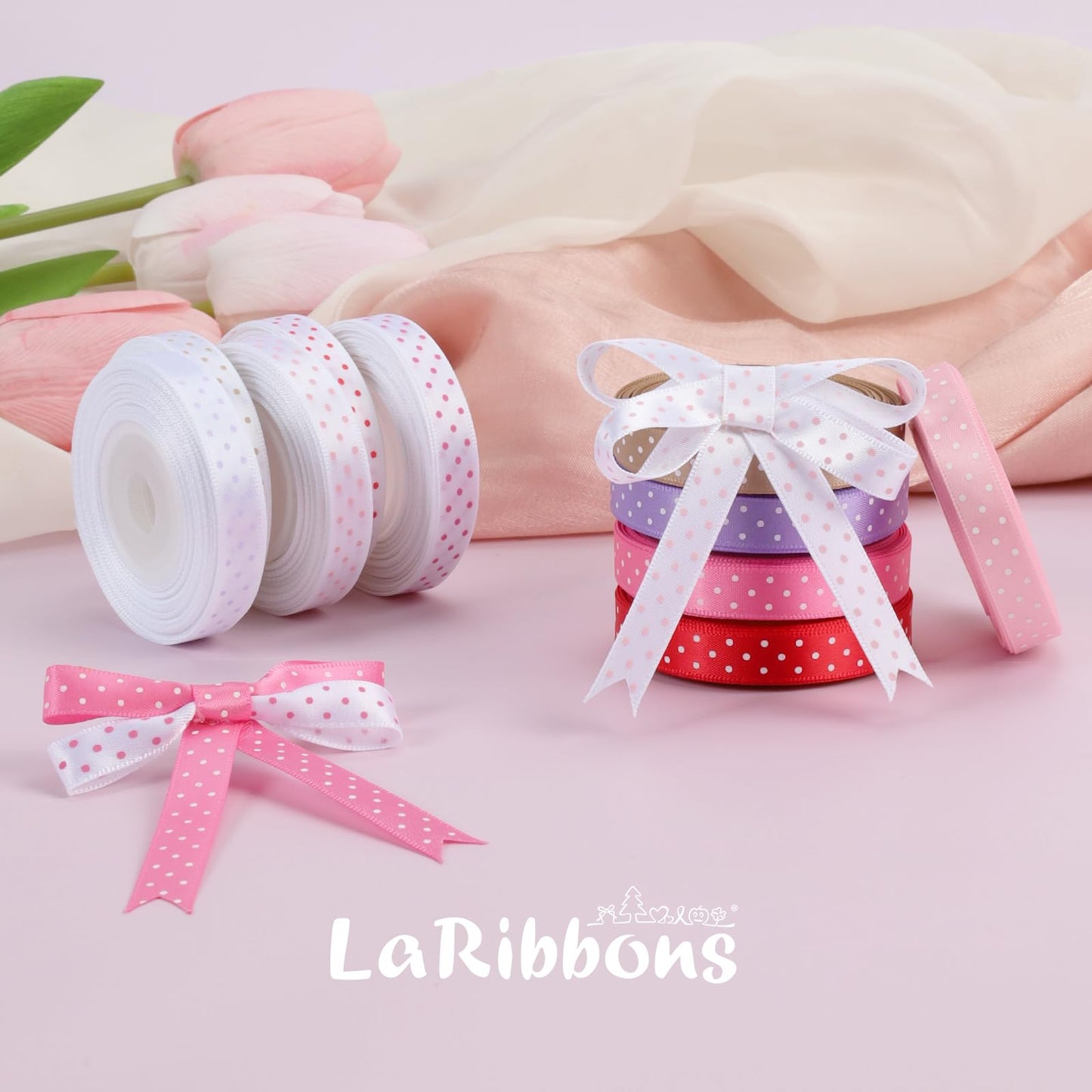 LaRibbons Polka Dot Satin Ribbon Variety Pack 100 Yards, 3/8" X 10 Yards/Roll Hot Pink Red Purple Khaki Assorted Ribbons for Crafts, Valentines, Gift Wrapping, Hair Bows