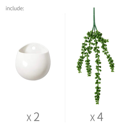 Dahey Wall Planters with Fake String of Pearls Plant Artificial Succulent Small Modern Ceramic Mounted Planter Round Hanging Wall Vase Display Holder for Indoor Garden Office Decor, Set of 2