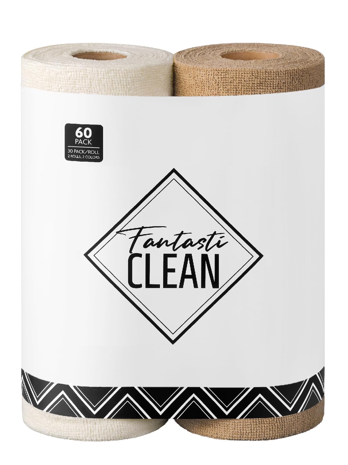 Fantasticlean Microfiber Cleaning Cloth Roll -60 Pack, Tear Away Microfiber Towels, 12" x 12", Reusable, Washable, Scratch Free, Ultra Absorbent Dish Rags for Car, Home, Garage or Shop (Beige & Tan)