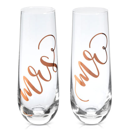 Juvale Mr & Mrs Champagne Flutes Set of 2-10 oz, 6 in, Clear Stemless Glass - Bridal Shower & Wedding Registry Gifts - Engagement Gift & Bride & Groom Glasses