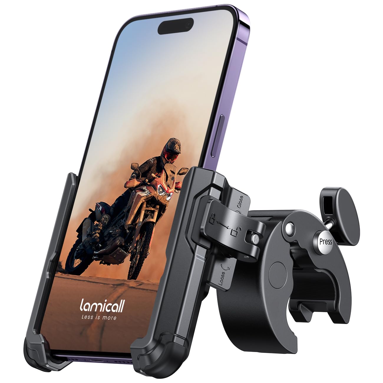 Lamicall Motorcycle Phone Mount Holder - [Camera Friendly] [1s Lock] Bike Phone Holder Handlebar Clamp, Bicycle Scooter Phone Clip, for iPhone Air, 17, 16, 15 Pro Max, Galaxy S25 Ultra, 4.7-7" Phones