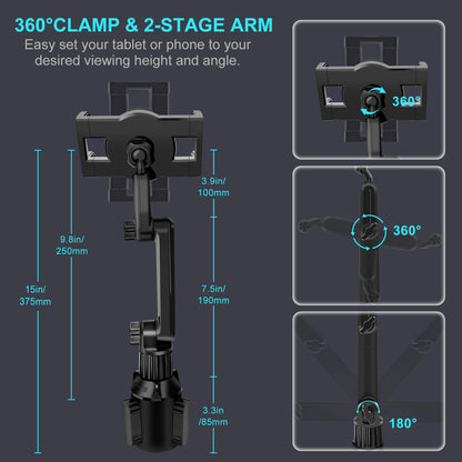 Cup Holder Car Tablet Mount for Truck, 360° Adjustable 15" Long 2-Arm Stand Holder for iPad Pro 12.9/11/10.5/9.7/Air/Mini 6/5/4, Samsung Galaxy Tab/Z Fold 6/5/4, iPhone 16/15/Pro, 4.7-12.9" Tab &Phone