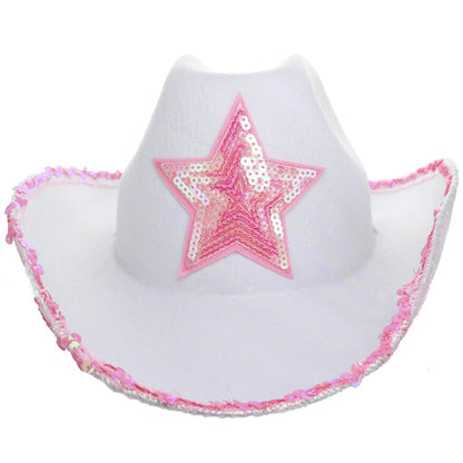 GiftExpress White Felt Cowgirl Hat with Pink Sequin Star, Country Themed Party Cowboy Dressup Play Costume Hat For Teens & Adults