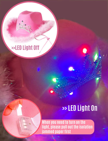JICASTO Cowboy Hat Pink Cowgirl Hat with Color LED Light Tiara Crown for Girls Rodeo Party Hats with Heart Glasses