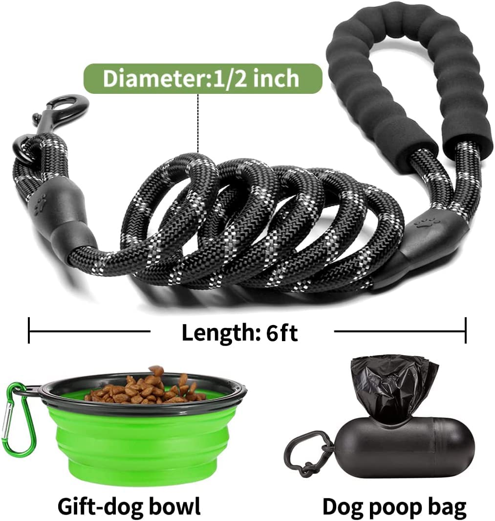 COOYOO 2 Pack Dog Leash 6 FT Heavy Duty - Comfortable Padded Handle - Reflective Dog Leash for Medium Large Dogs with Collapsible Pet Bowl Set 6-Black+Green