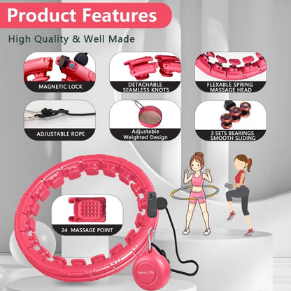 Leann L!fe U1-30 Knots Waist 19"- 61”, Magnetic Lock Smart Weighted Hula Hoop for Adults Weight Loss, Infinity Hoop Plus Size, Children Adult Home Outdoors, Fitness Exercise, Abdominal Toner, Pink