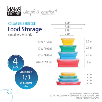 Deke Home - Collapsible Silicone Food Storage Containers with Lids, Set of 4, BPA-Free, Airtight, Space-Saving Meal Prep & Lunch Box, Microwavable, Freezer & Dishwasher Safe, Camping & Travel