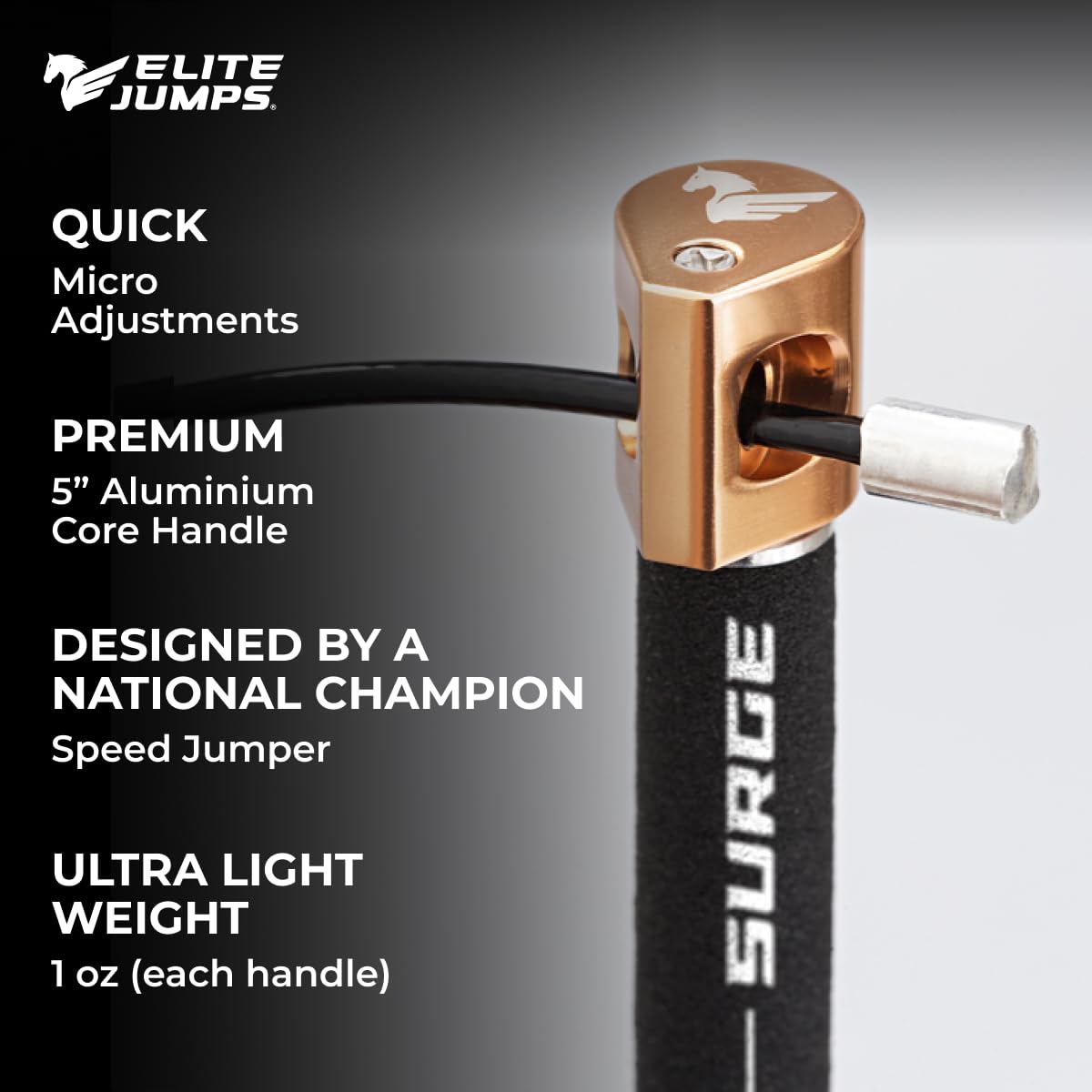 Elite Jumps Surge 3.0 Professional Speed Rope for Double Unders - Patented Dual Bearing Ultra Light-Weight Handle for Premium Spin Control and Kink-Resistant Cable for fast Speed Jump Rope