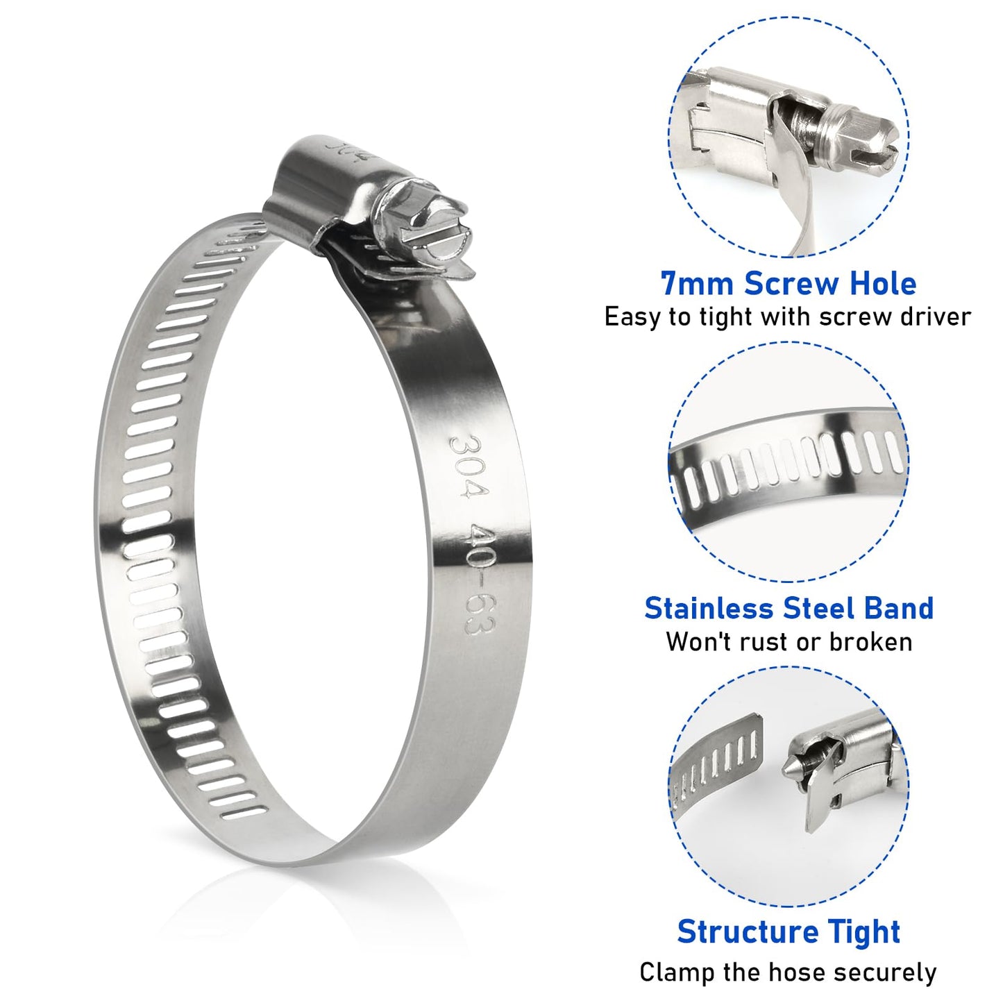 Hose Clamp, 10 Pieces 2.5 Inch Stainless Steel Hose Clamps for 1 1/2 Inch to 2 1/2 Inch Hose Pipe Large Adjustable Worm Gear Hose Clamp Assortment Kit for Automotive Radiator Fuel Line Mechanical