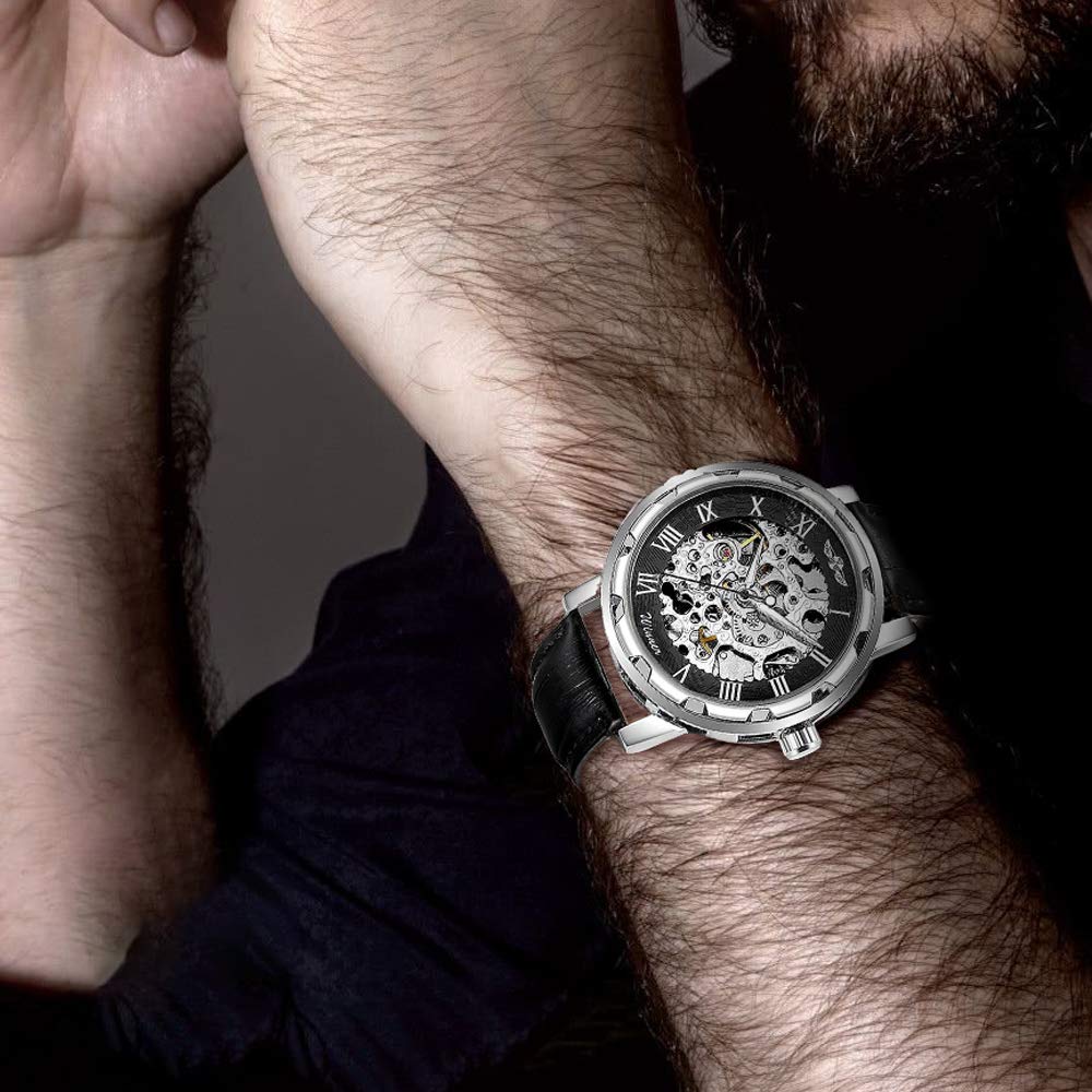 GLEIM Men's Watch, Mechanical Skeleton Steampunk Design Automatic Self-Winding Roman Numeral Silver Case PU Leather Wrist Watch