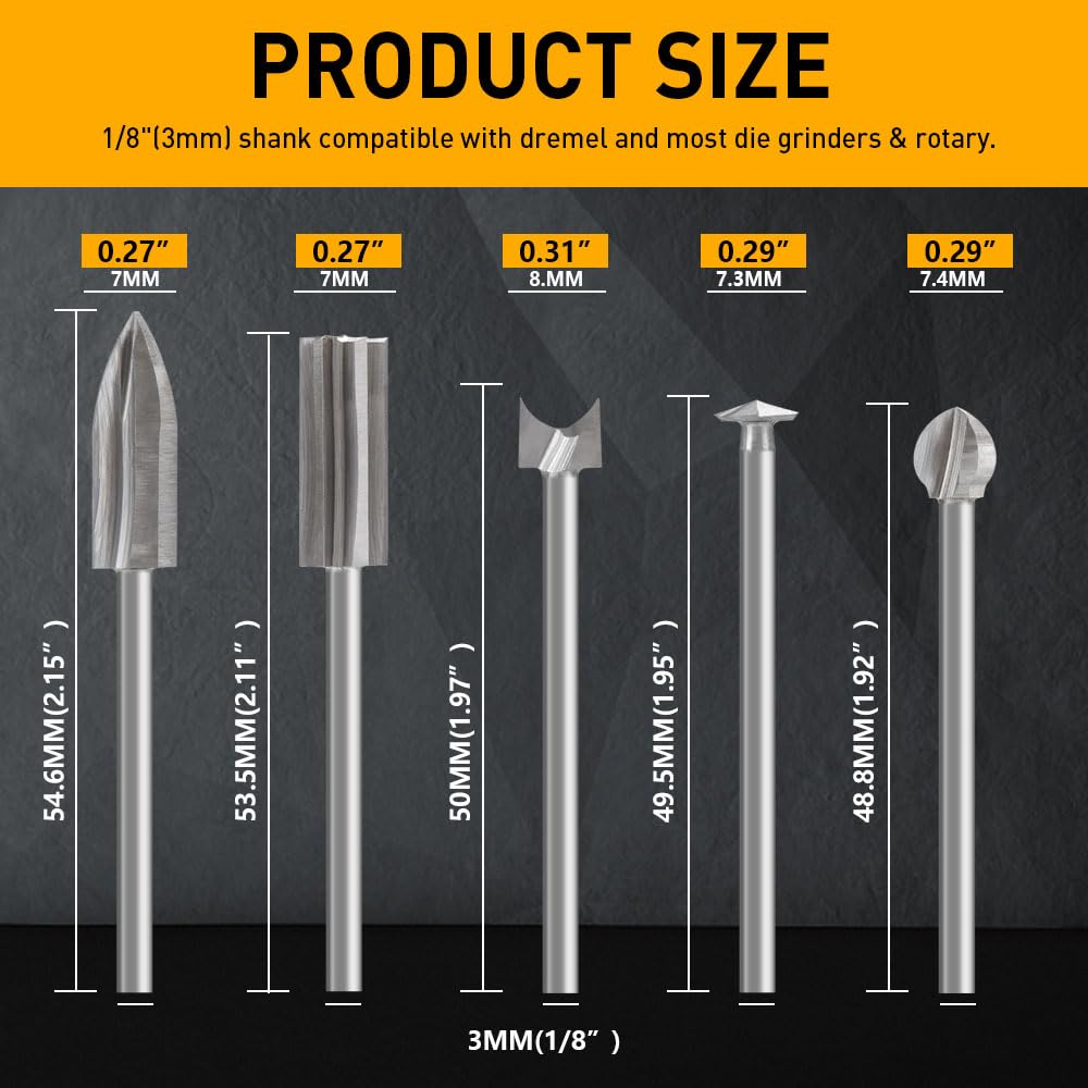 Wood Carving Drill Bits Set Compatible with Dremel Rotary Tool 5 Different Engraving Drill Accessories Bit Wood Grinding Woodworking Tool with 3mm Shank for DIY Carving Drilling Micro Sculpture