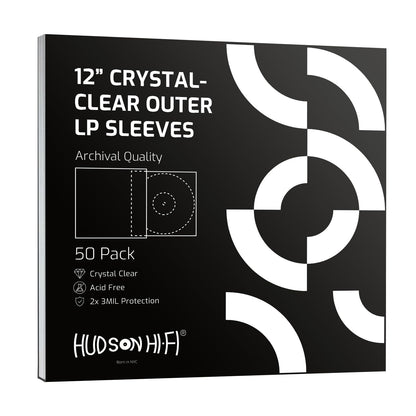 Hudson Hi-Fi Vinyl Record Outer Sleeve Covers - 50 Pack - Premium Crystal Clear Sleeves - Protect Your LP Albums from Scratches, Dirt & Dust - 3 Layers of 30µm Thick No-Acid Exterior Disc Cover