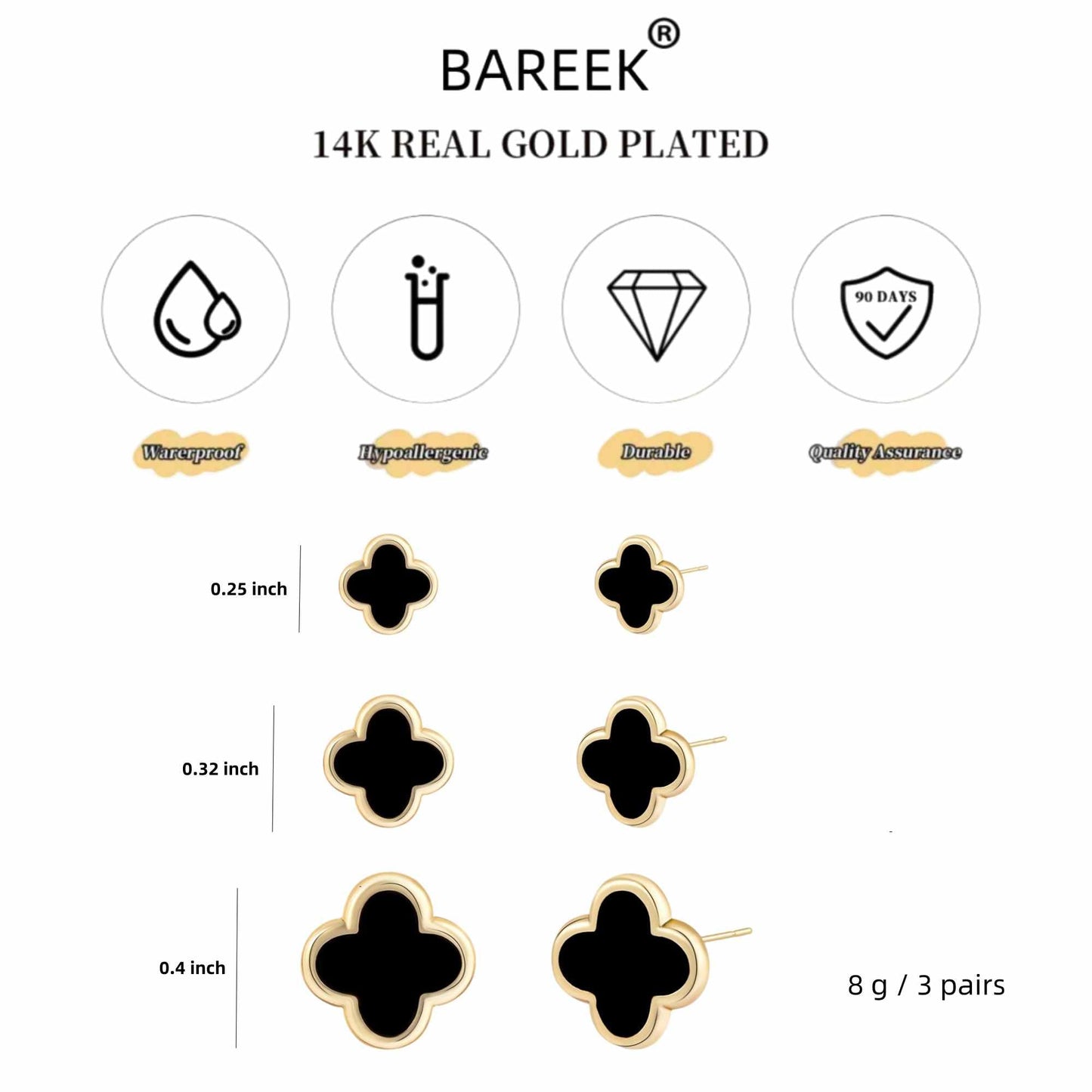 Clover Earring 3 Pair Small Clover Stud Earrings for Women Four Leaf Hypoallergenic Earrings Sensitive Ears for Birthday Christmas Anniversary Lucky Gifts (Gold Clover Stud Earrings/Black)