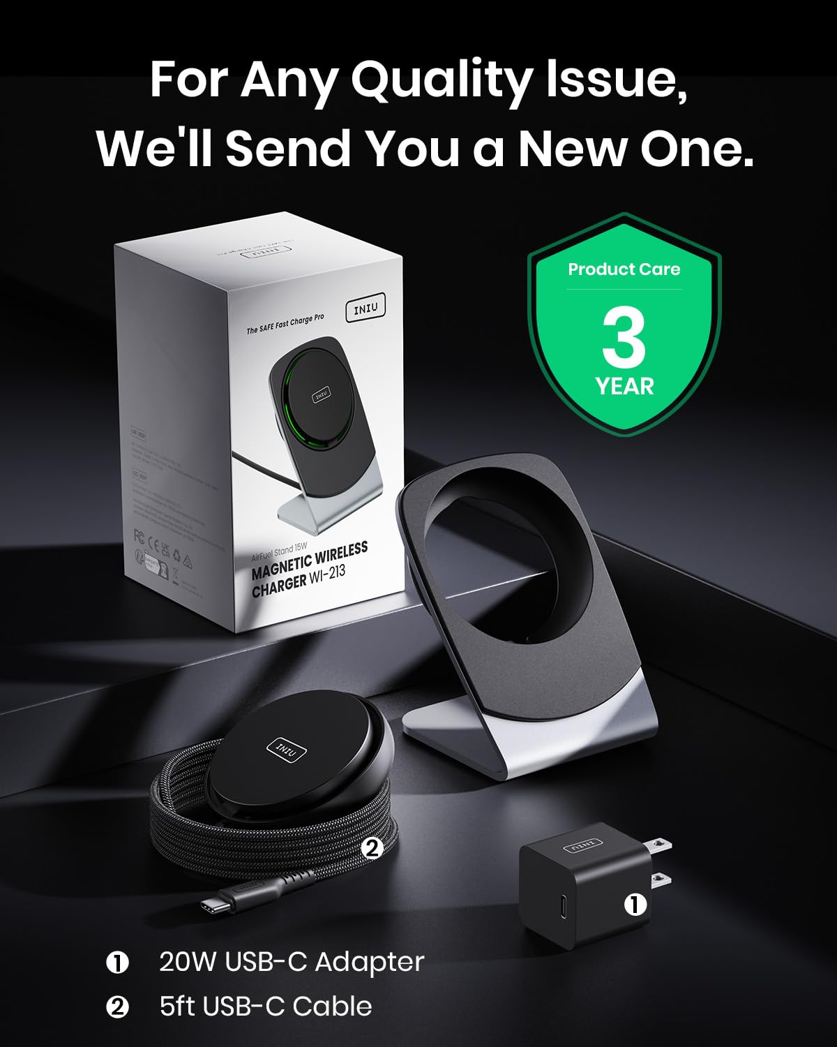 INIU Wireless Charger, 15W Fast Charging Magnetic Wireless Charger Stand, Travel Essential Wireless Charging Station with Sleep-Friendly Adaptive Light, for iPhone 16/15/14/13/12 Series, Airpods