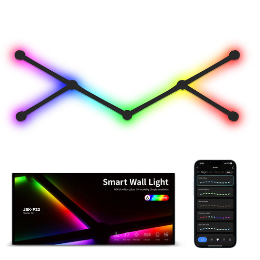 KOBAIBAN Smart Wall Light Lines, WiFi RGB LED Bars, 16M+ Color Dimmable Music Sync DIY Home Decor for Gaming Party Streaming Lovers, Compatible with Alexa & Google Assistant (6 Lines, Black)