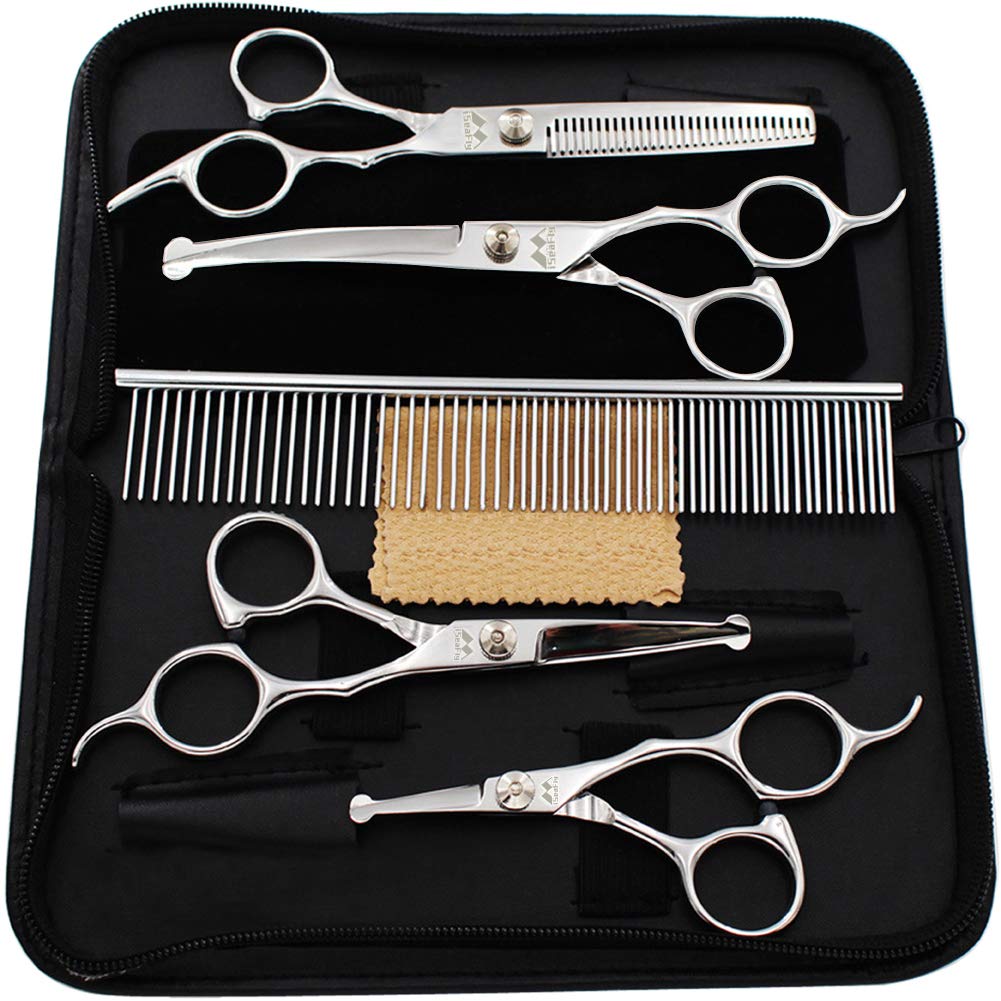 iSeaFly Dog Grooming Scissors Kit with Round Tip, 6 in 1 Cat Dog Scissors, Stainless Steel Pet Grooming Shears, Straight, Curved, Thinning Shears, Comb for Full Body, Face, Nose, Ear & Paw