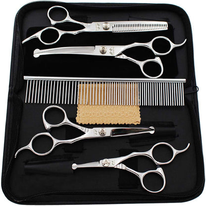 iSeaFly Dog Grooming Scissors Kit with Round Tip, 6 in 1 Cat Dog Scissors, Stainless Steel Pet Grooming Shears, Straight, Curved, Thinning Shears, Comb for Full Body, Face, Nose, Ear & Paw