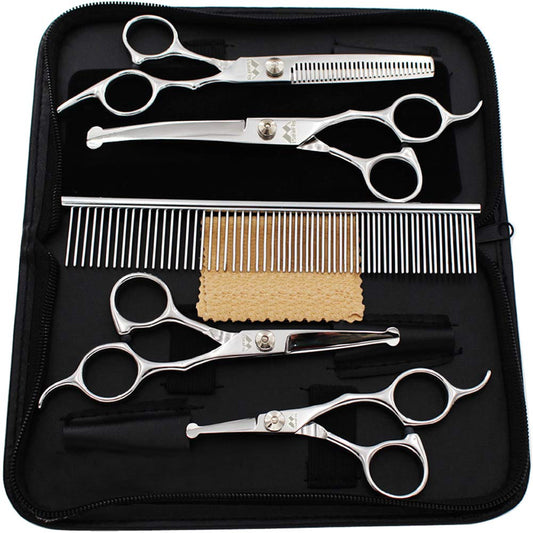 iSeaFly Dog Grooming Scissors Kit with Round Tip, 6 in 1 Cat Dog Scissors, Stainless Steel Pet Grooming Shears, Straight, Curved, Thinning Shears, Comb for Full Body, Face, Nose, Ear & Paw