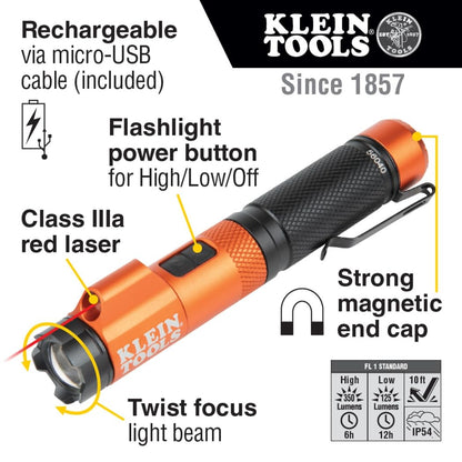 Klein Tools 56040 Magnetic LED Flashlight, 350 Lumen Rechargeable Flashlight, Twist Focus, Laser Pointer, Hands-Free, USB Charging Cable, for Work and Outdoor