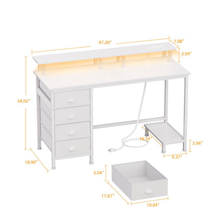 Furologee 47 Inch Computer Desk Gaming with 4 Fabric Drawers with Power Outlets and LED Lights for Home Office with Full Monitor Stand and Shelf Study Table for Small Spaces White