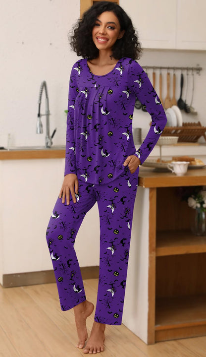 Findsweet Women's Pajama Set 2 Piece Lounge Outfits Soft Sleepwear Fall Long Sleeve Long Pant With Pockets Ladies Pjs XL, Halloween Purple