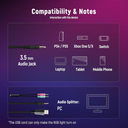 Ozeino Gaming Headset for PC, Ps4, Ps5, Xbox Headset with 7.1 Surround Sound, Gaming Headphones with Noise Cancelling Mic RGB Light Over Ear Headphones for Xbox Series X/S, Switch-Blue