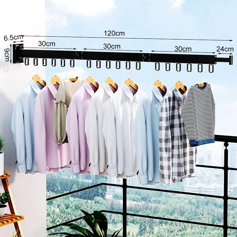 Clothes Drying Rack Wall Mounted, Retractable Garment Rack with Hooks, 360° Rotating Tri-Collapsible Laundry Clothes Drying Rack for Balcony, Laundry, Bathroom （black）