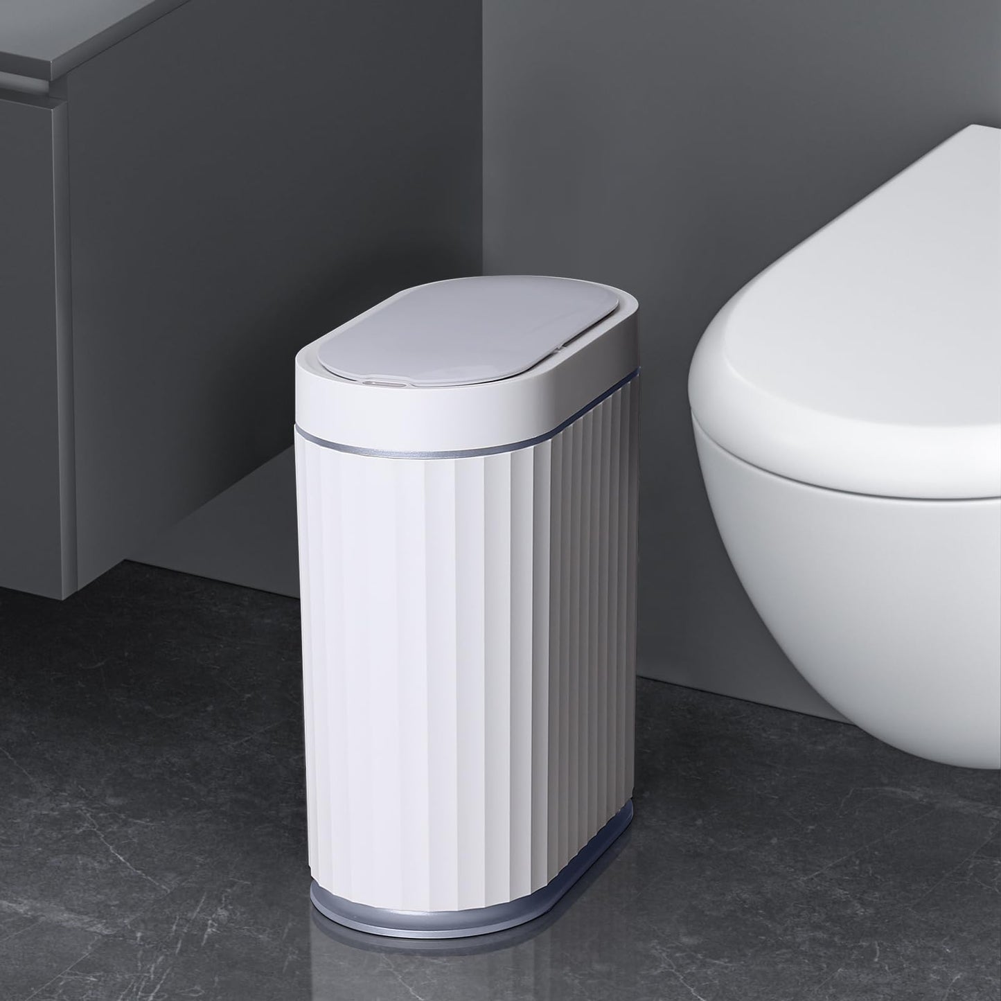 ELPHECO Bathroom Motion Sensor Trash can 2 Gallon Automatic Garbage Can, Slim Plastic Smart Trash Can with Lid, Commercial Intelligent Trash Bin for Bedroom, Bathroom, Office, White with Grey Trim