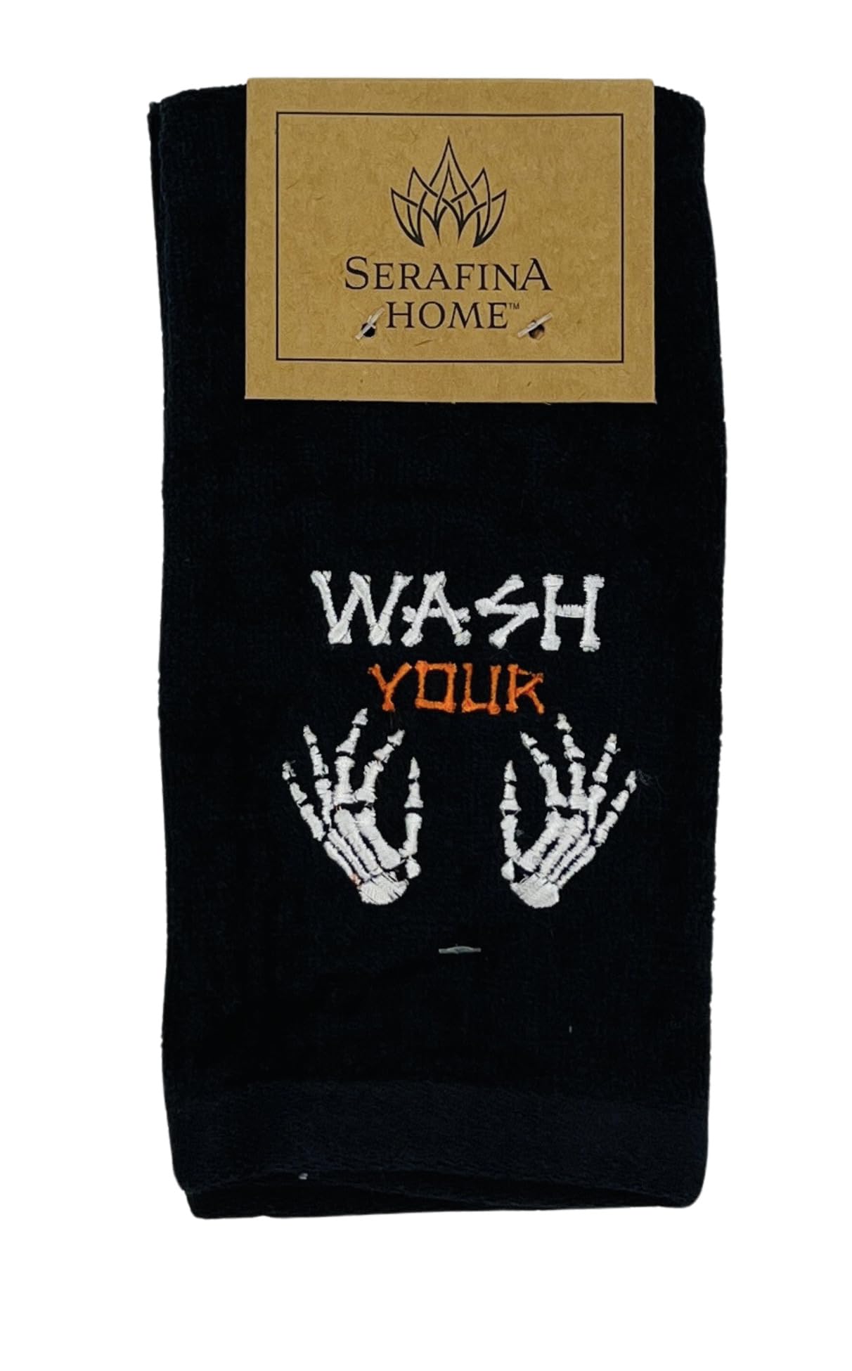 Halloween Fingertip Bathroom Towels Set of 2 – 12" x 18" Black 100% Cotton with Funny “Wash Your Hands or Bones” Design – Spooky & Humorous Bathroom and Kitchen Decor