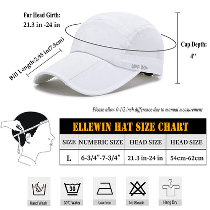 ELLEWIN Men's Baseball Cap UPF50 Hat W/Foldable Long Large Bill,One Size,White