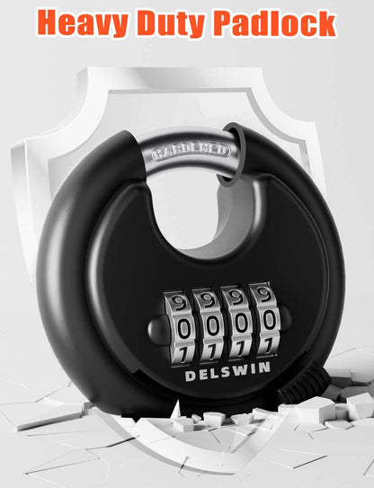 DELSWIN 4 Digit Combination Disc Padlock with Hardened Steel Shackle Combo Lock for Sheds, Storage Unit, School Gym Locker and Fence (Black,1Pcs)