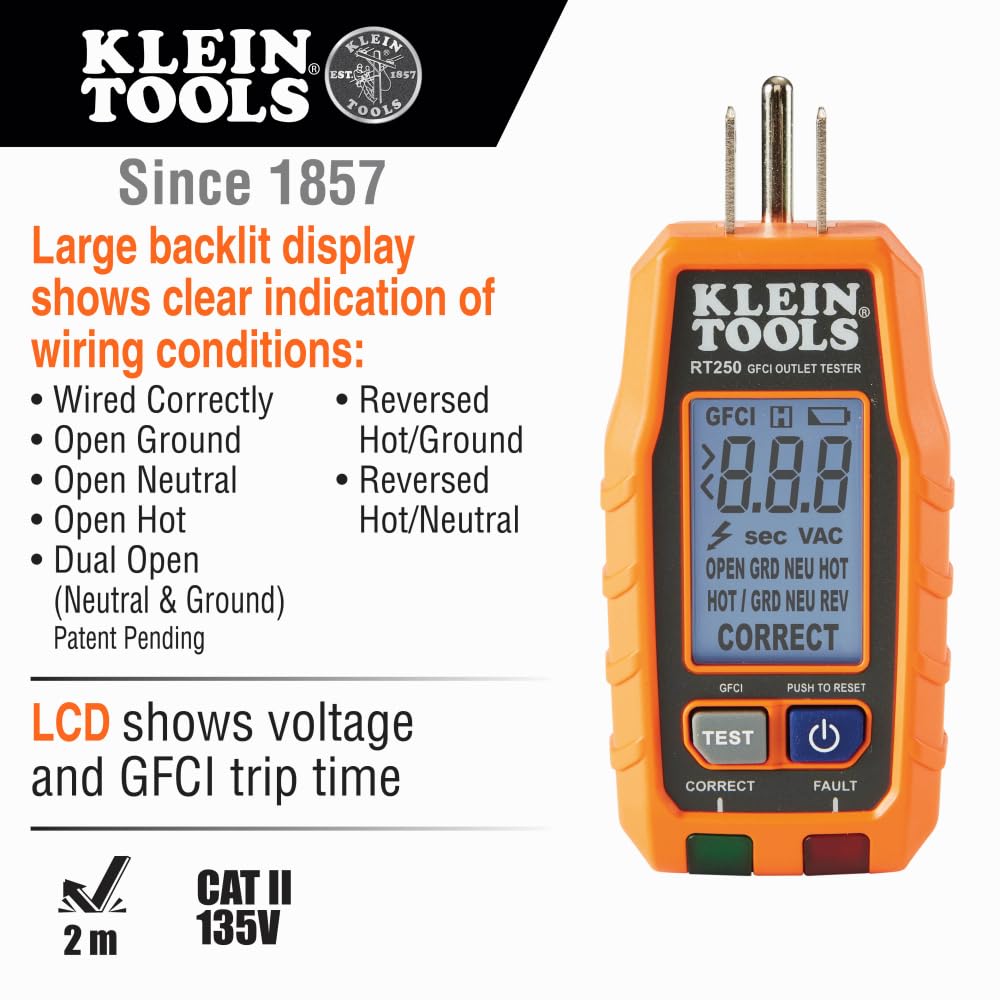 Klein Tools RT250 GFCI Outlet Tester with LCD Display, Electric Voltage Tester for Standard 3-Wire 120V Electrical Receptacles