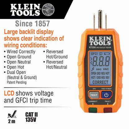 Klein Tools RT250 GFCI Outlet Tester with LCD Display, Electric Voltage Tester for Standard 3-Wire 120V Electrical Receptacles