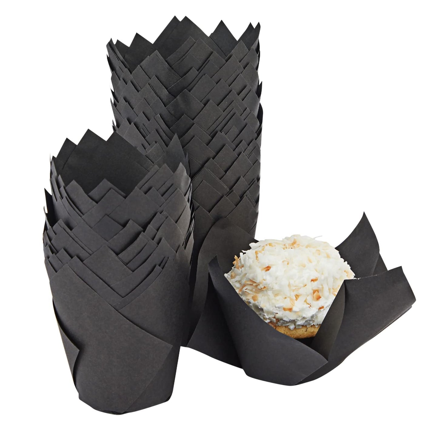 Juvale Cupcake Liners - 2 x 3.5 in, Black, 100 Pack - Tulip Cupcake Liners for Baking & Parties - Greaseproof Paper Wrappers
