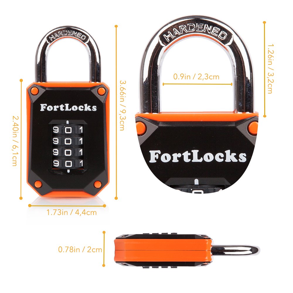 FortLocks Gym Locker Lock - 4 Digit, Heavy Duty, Hardened Stainless Steel, Weatherproof and Outdoor Combination Padlock - Easy to Read Numbers - Resettable and Cut Proof Combo Code - 1 Pack Orange