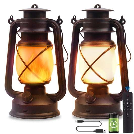 Lantern LED Battery Powered Camping Lamp Outdoor Hanging Lantern Flickering Flame Rechargeable Retro Lanterns Remote Control 4 Modes Light Non-Solar 2 Pack
