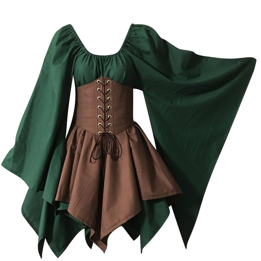 KEGIRLOM Cancelled Orders Women's Medieval Renaissance Dress Costume Flare Sleeve Corset Skirt Overskirt Elven Archer Irish Over Gown 2pcs Set,Gothic Dress Plus Size