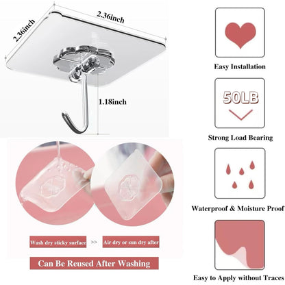 DDMY 24 Packs Hooks for Hanging 50lb Wall Hooks Transparent Reusable Waterproof Adhesive Hook for Kitchen Curtain, Towel Hook for Bathrooms, Heavy Duty Self Coat Hook for Walls No Damage