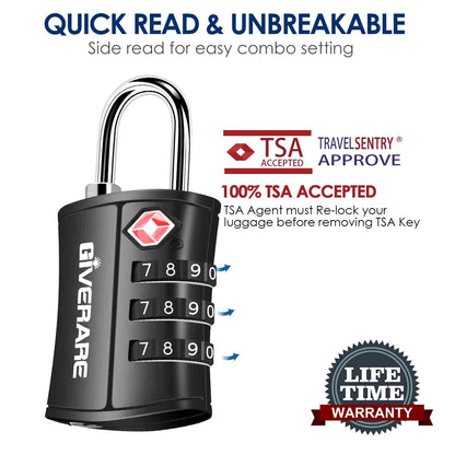 4 Pack TSA Approved Travel Luggage Locks, Combination Lock Keyless, 3-Digit Padlocks, Travel Sentry Accepted Compatible Padlock for Gym Locker, Golf Bag Case, Backpack, Black-by GIVERARE