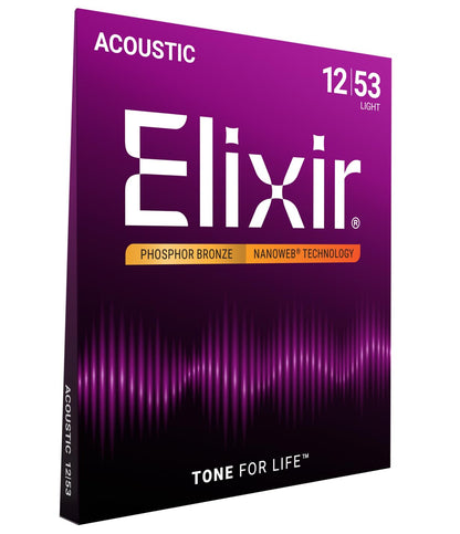 Elixir Strings, Acoustic Guitar Strings, Phosphor Bronze with NANOWEB Coating, Longest-Lasting Rich and Full Tone with Comfortable Feel, 6 String Set, Light 12-53