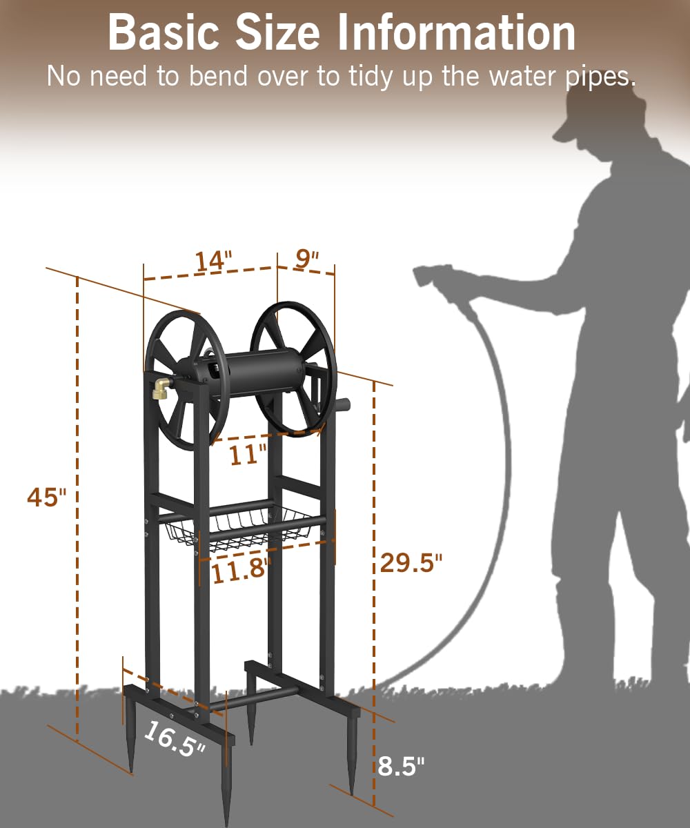 Garbuildman Ground Mount Garden Hose Reel Holds 125 Feet of 5/8-Inch with 3.9 ft Leader Hose, Brass Fitting, Water Hose Holder Stand with Storage Rack & 4 Spikes Base for Outdoor Lawn, Black
