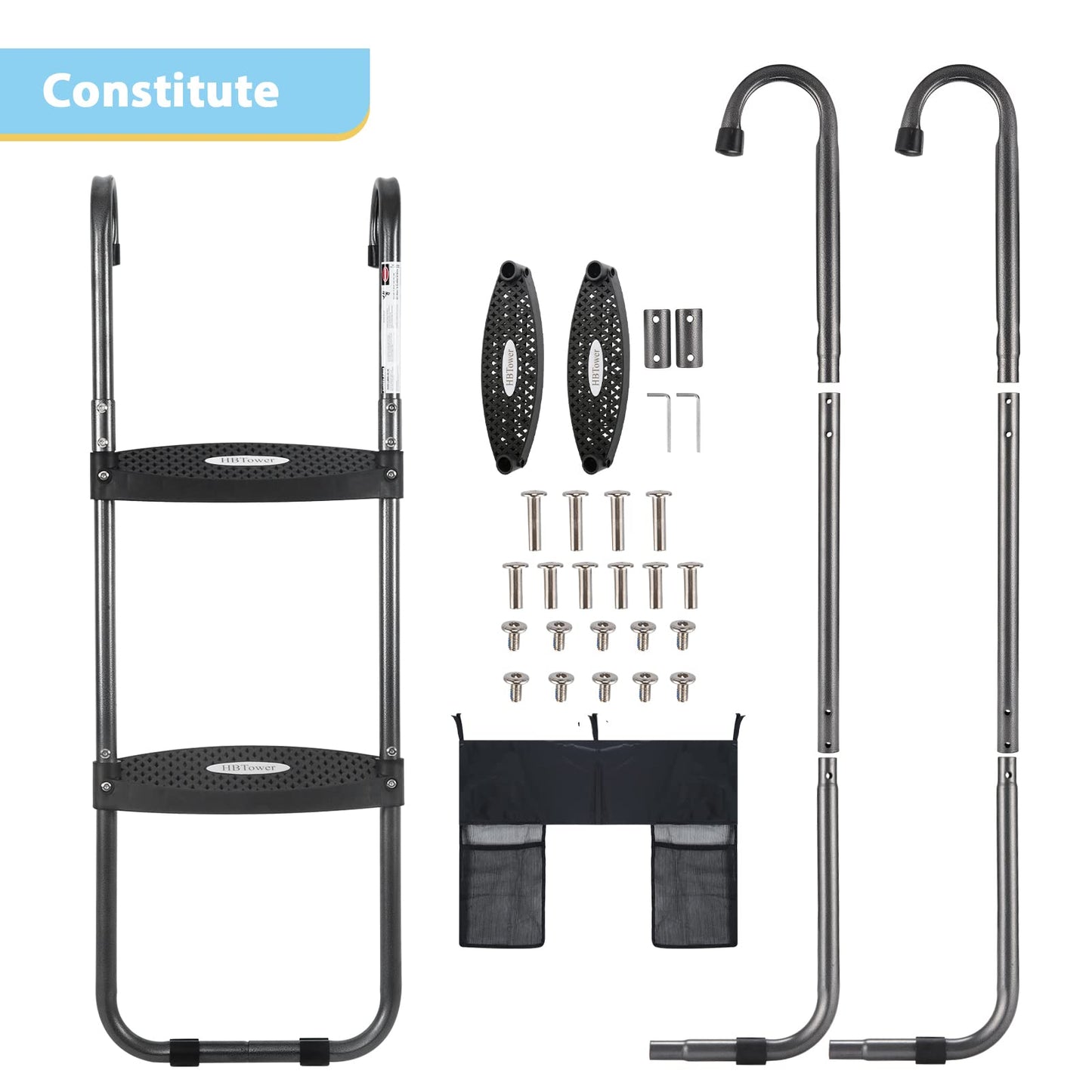 HBTower Trampoline Ladder, 2 Steps with Wide Steps, Trampoline Storage Bag, Universal Hook, 220 lbs Capacity Trampoline Accessories for Children Kids, Black