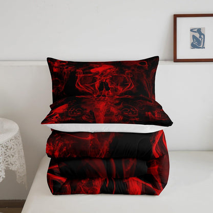 Gothic Skull Bedding Set Red and Black Skeleton Comforter Set Queen For Kids Boys Teen Men,Psychedelic Goth Skull Quilted Duvet Trippy Smoke Halloween Horror Down Comforter Bedroom Decor 2 Pillowcases