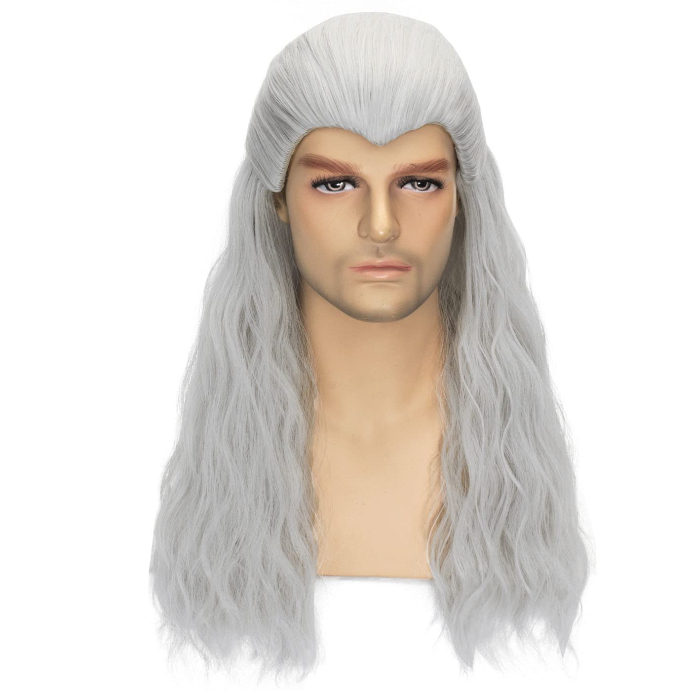 FALAMKA Silver Wig Men'S Long Wavy Cosplay Wig +Wolf Pendant Adult Costume Halloween With Necklace