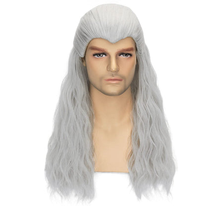 FALAMKA Silver Wig Men'S Long Wavy Cosplay Wig +Wolf Pendant Adult Costume Halloween With Necklace